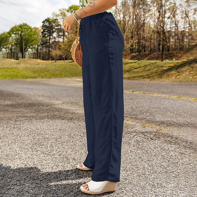 Mulheres Calças de linho de algodão Calças Roupa de rua Casual Comprimento total Natural Tecido Design de cordão elástico Confortável Exterior Roupa Diária Final de semana Preto Azul Marinho Escuro de 2025 por $25.99 –P7