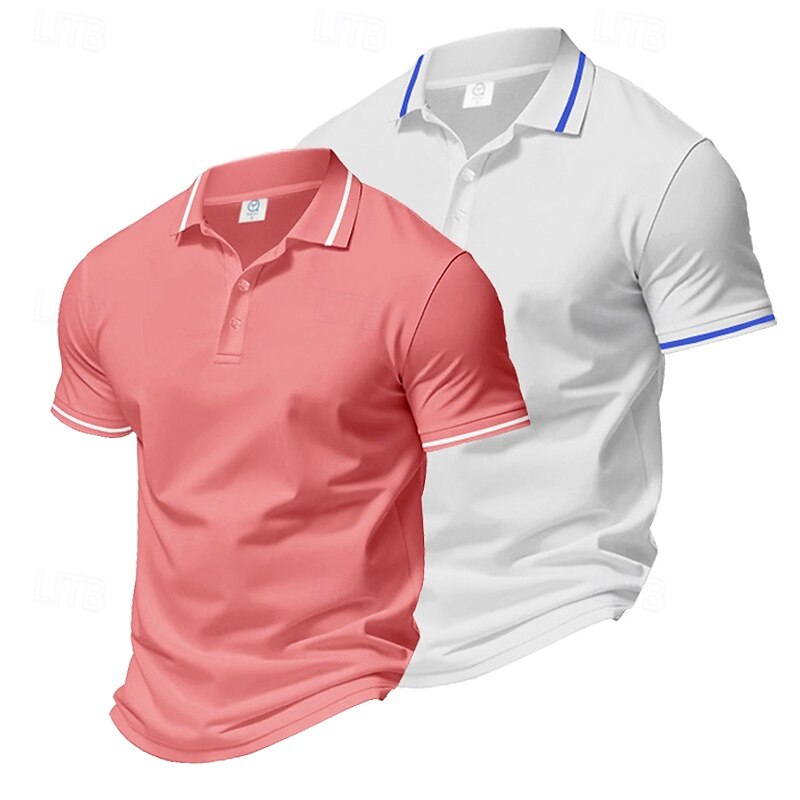 Multi Packs 2pcs Men's Lapel Short Sleeves White+Pink Button Up Polos Golf Shirt Golf Polos Shirts Plain Vacation Daily Wear Polyester Summer 2025 - $22.99 –P5