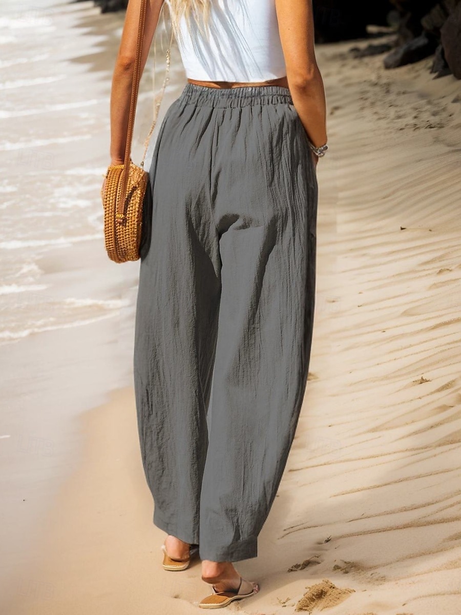 Women's Cotton Linen Pants Baggy Pants Solid Color Vintage Fashion Streetwear Full Length High Waist Plain Pocket Elastic Waistband Comfy Soft Comfortable Micro-elastic Outdoor Vacation Street 2025 - $22.99 –P2