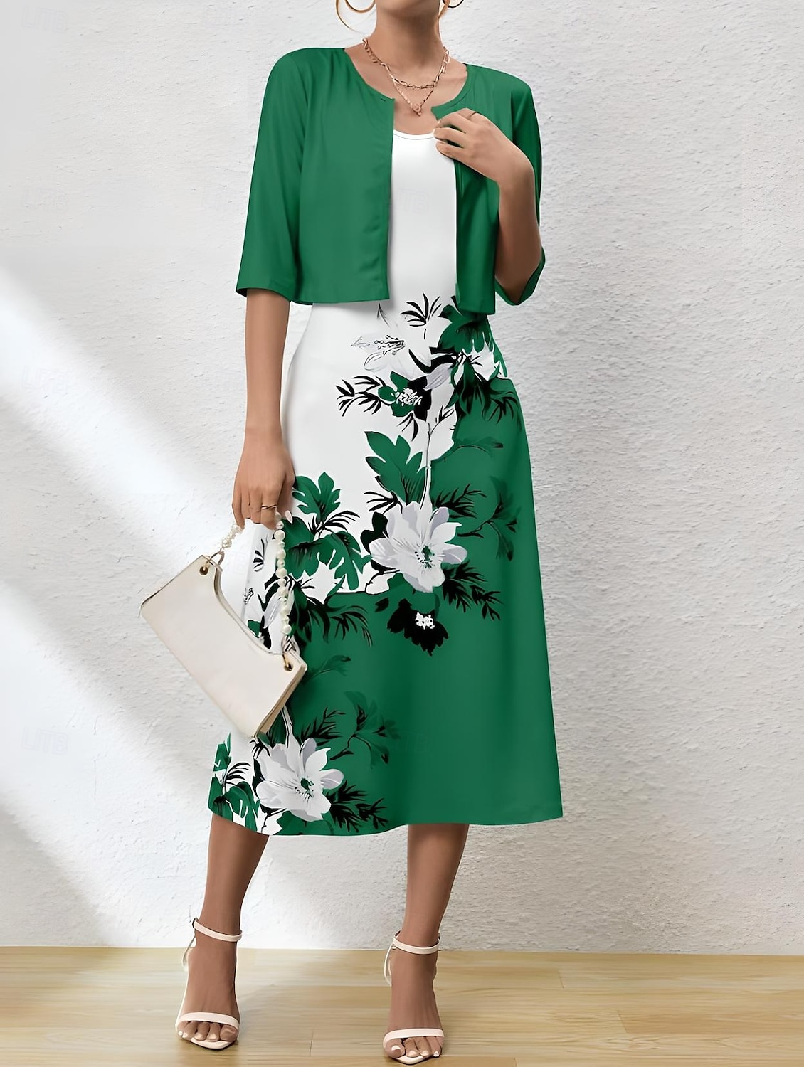 Naisten kaksiosaiset mekot midi-mekko takilla elegantti A-linjainen mekko puolihihainen juhla cocktail kukkaprintti V-kaula-aukko häät vieras päivittäinen sininen vihreä säännöllinen istuvuus 2025 - $36.99 –P6