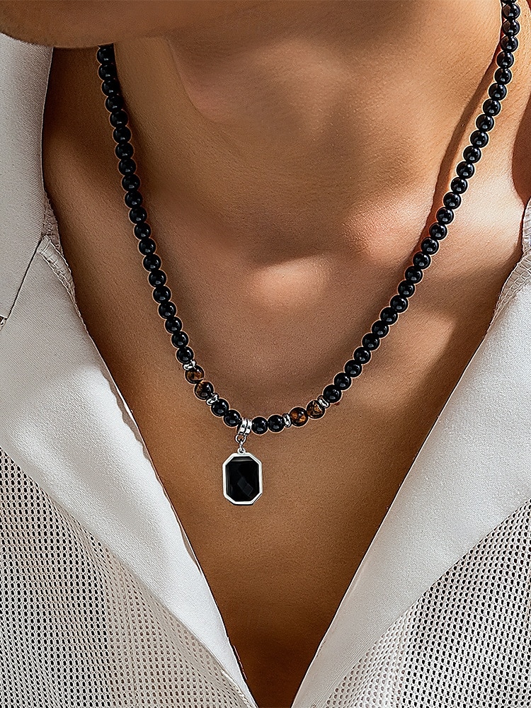 Men's Black Onyx Beaded Necklace with Tiger Eye Accents and Silver Pendant – Stylish Gift for Casual and Formal Occasions 2025 - $9.99 –P2