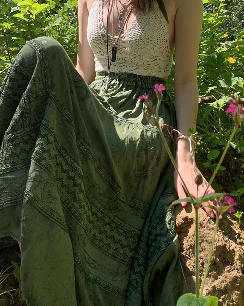 Pentru femei Fustă Boemia Boho Midi Talie Medie Fuste Floral Imprimeu Micro-elastic Stradă Ieșire Verde Vară Poliester 2025 - $21.99 –P5
