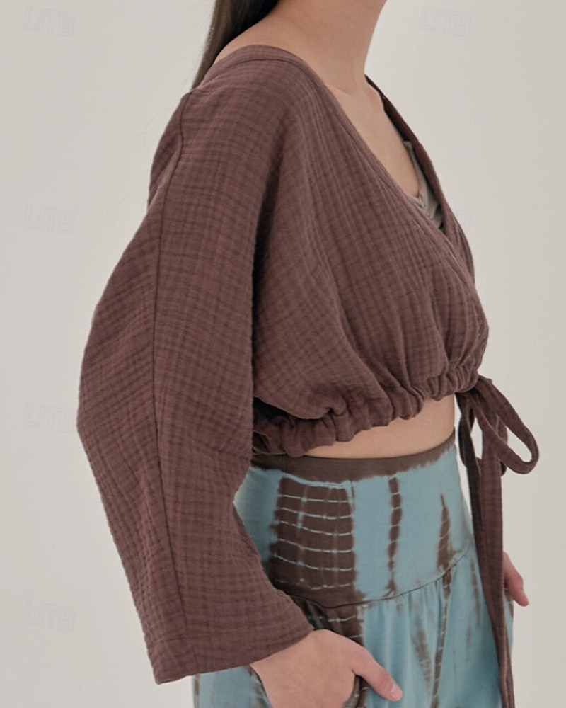 Dame Linskjorte Bluse عادي Fritid Langermet V-hals Crop Tops Daglig Ut på byen knyte foran Hvit Gul Brun Sommer 2025 - $36.99 –P11
