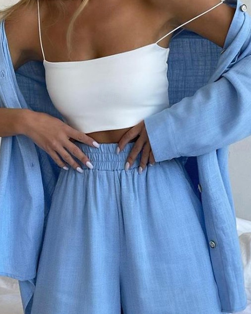 Femmes Mode Streetwear Ensembles en coton et lin Ensembles deux pièces Ensembles de Shorts Manche Courte Col de chemise Uni Tenue quotidienne Date Blanche Bleu Orange Été Coupe régulière de 2025 ? $26.99 –P3