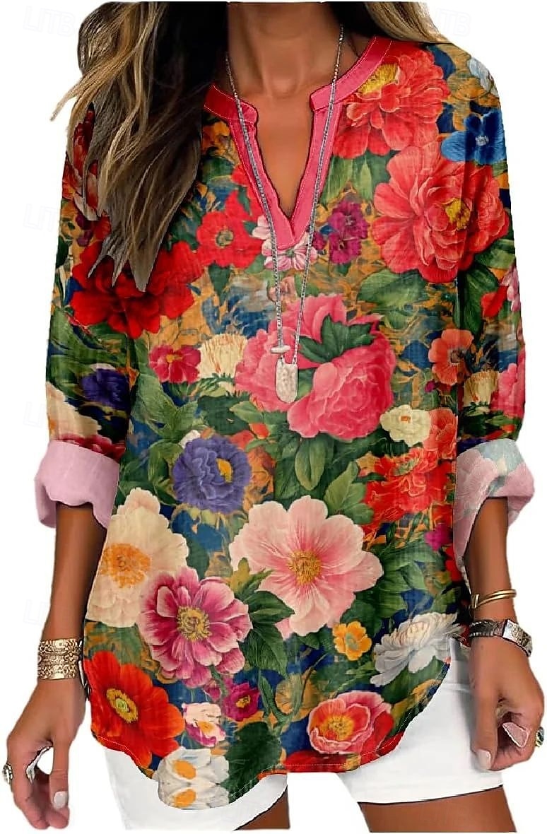 Per donna Camicia Boho Floreale Grafico Elegante Casual Boho Manica Lunga Scollo a V Top Regolari Quotidiano Uscire Patchwork Stampato Rosa cipria Rosa Vino Verde militare Rosso Primavera, Autunno del 2025 a $21.99 –P5