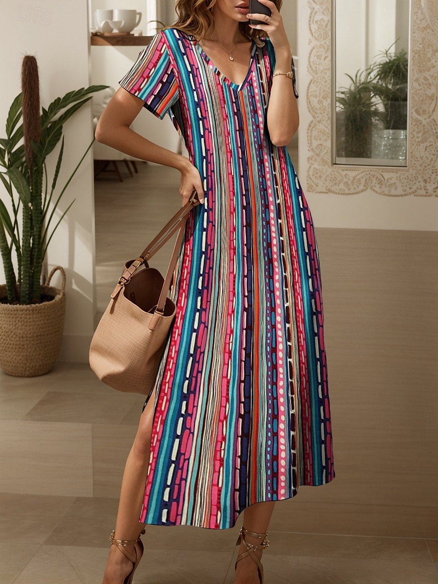Women's Maxi Dress T Shirt Dress Tee Dress Sundress Shift Dress Summer Dress Bohemia Holiday Regular Fit Graphic Stripe Abstract Short Sleeve Crew Neck Rainbow Summer Spring 2025 - $28.99 –P1