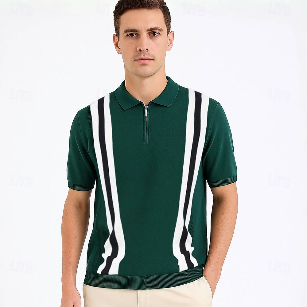 Herren Polo Strick-Polopullover Geschäft Lässig Revers Kurzarm Formell Gestreift Streifen Patchwork Sommer Ganzjahres Schwarz Weiß Grün Polo 2025 - $30.99 –P3