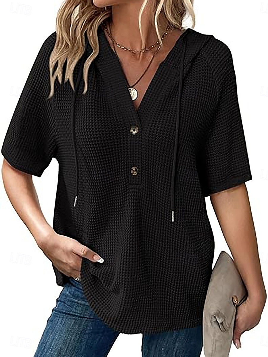Per donna Blusa Semplice Essenziale Moderno Manica Corta Scollo a V Top Regolari Quotidiano Bottoni Nero Bianco Rosa Rosso Blu marino Estate del 2025 a $16.99 –P3