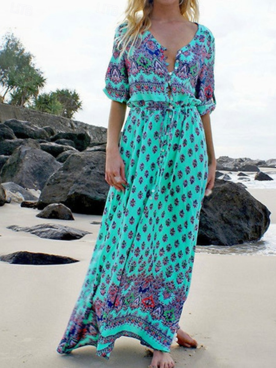 Women's Maxi Dress A Line Dress Casual Party Beach Regular Fit Graphic 3/4 Length Sleeve V Neck Pink Blue Green Summer Spring 2025 - $24.99 –P1