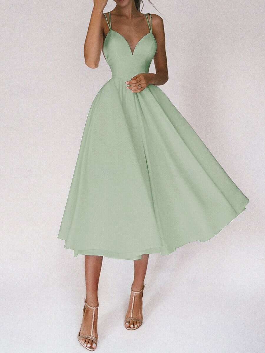 Hochzeitskleider A-Linie V Ausschnitt Ärmellos Tee-Länge Satin Brautkleider Mit Einfarbig 2025 2025 - $79.99 –P17
