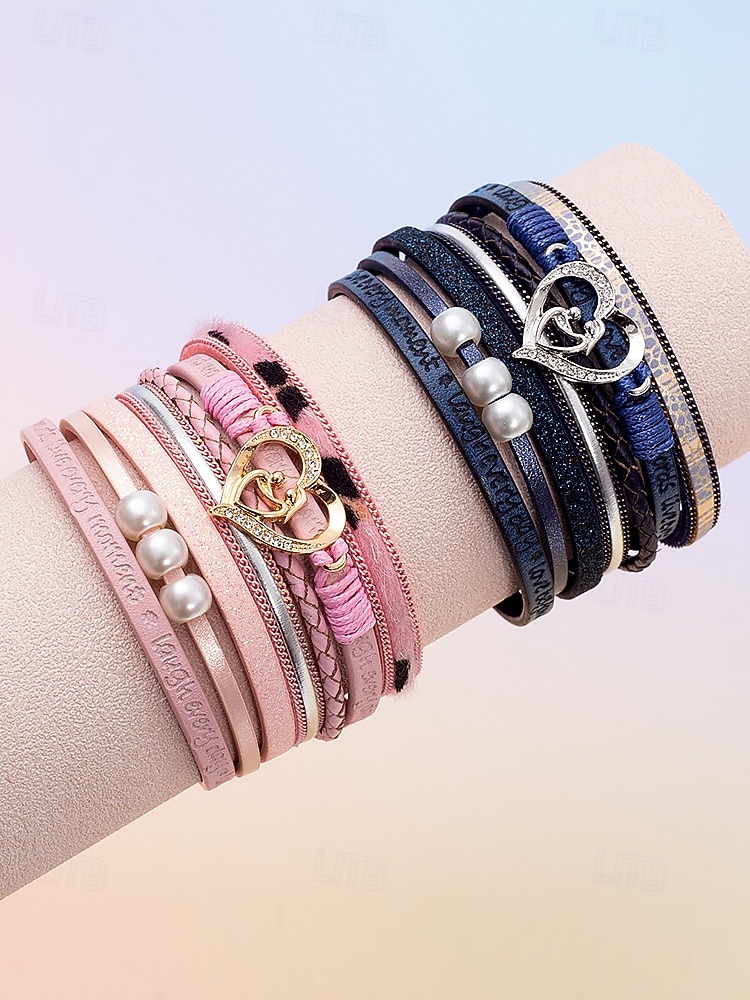 Pulseira magnética feminina de couro sintético – pingente de coração e pérola em liga com texto inspirador, presente de joia estilo boho para mãe, adequada para o dia das mães, aniversários e roupas casuais de 2026 por $9.99 –P4
