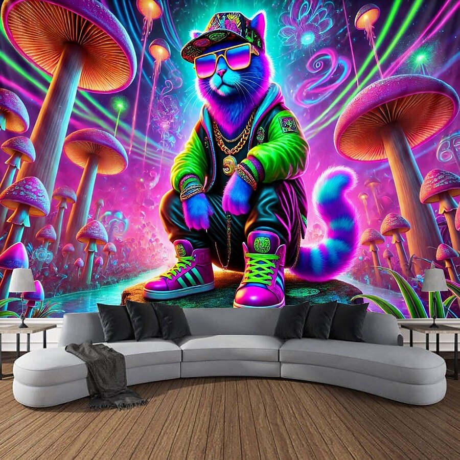 Tenture lumineuse sous lumière noire glow in the dark fête luminescente réactive aux UV motif de chat de rue paysage naturel brumeux trippant œuvre d'art murale pour salon chambre de 2025 ? $15.99 –P3