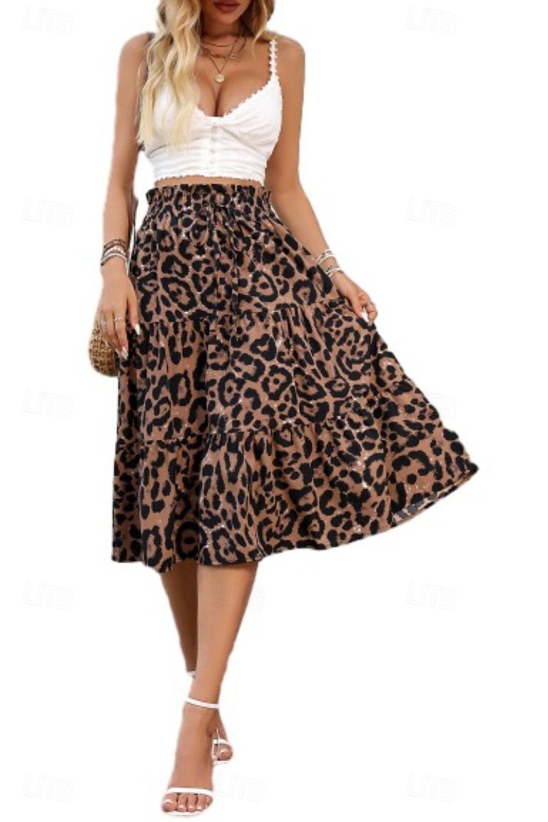 Femmes Jupe Mode Boho Midi Taille Basse Jupes Léopard Imprimé Micro-Élastique Vacances Rue Marron Été Polyester de 2025 ? $21.99 –P5