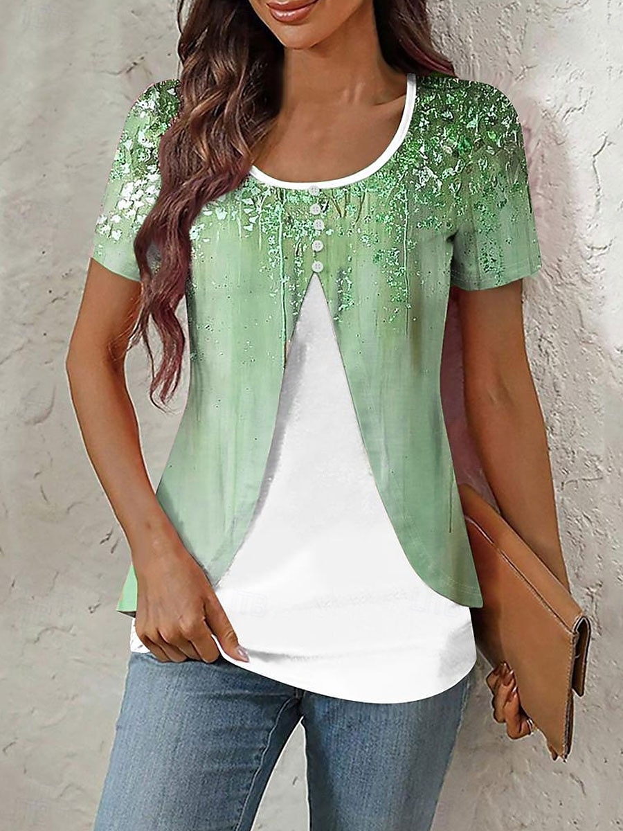 Damen T Shirt Ombre Grafik Marmor Elegant Stilvoll Kurzarm Rundhalsausschnitt Rundhals Normale Oberteile Täglich Ausgehen Patchwork Knöpfe Gestuft Rosa Blau Purpur Grün Sommer Frühling 2025 - $23.99 –P3