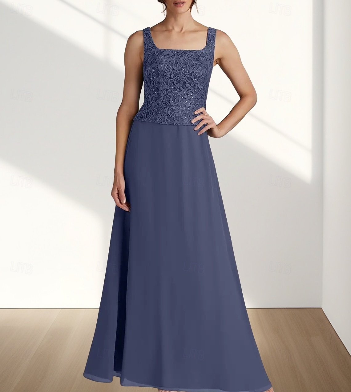 Due Pezzi Linea ad A Abito da cerimonia per signora Ospite di nozze Elegante Collo quadrato Lunghezza al pavimento Chiffon Pizzo Manica 3/4 con Pizzo 2025 del 2025 a $188.99 –P3