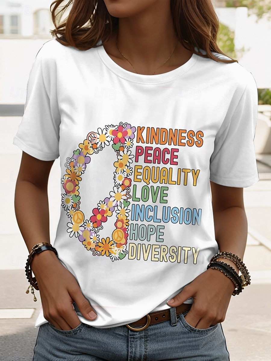 Pentru femei Tricou Grafic Scrisă Stilat Clasic Casual Manșon scurt Stil Nautic Topuri obișnuite Zilnic Imprimeu Negru Alb Roz Îmbujorat Albastru piscină Mov Vară PEACE 2025 - $19.99 –P5