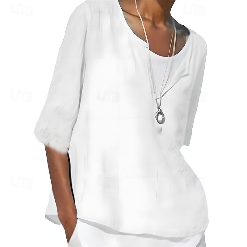 Mujer Camisa Camisa de lino Camisas de algodón y lino Plano Diario Elegante Básico Manga 3/4 Escote en Pico Tops regulares Trabajo Diario Festivos Negro Blanco Azul Piscina Primavera Otoño 2025 - $24.99 –P2