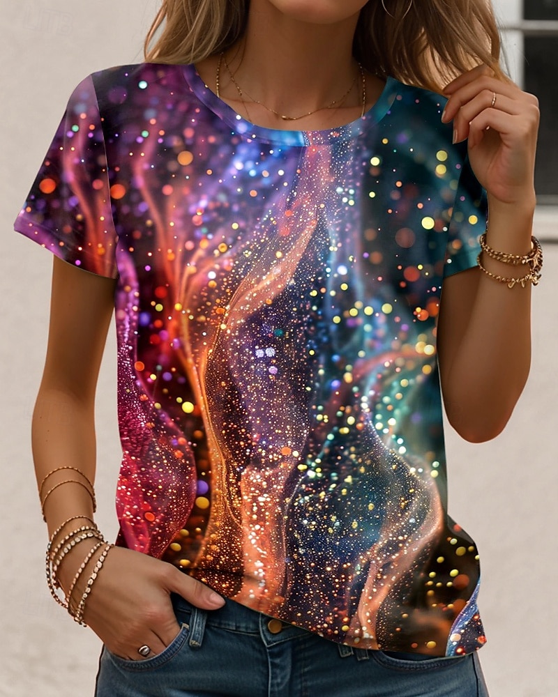 Femmes T-shirt A Ombre Graphique Abstrait ancien Élégant Occasionnel Manche Courte Col rond Hauts Réguliers Quotidien Imprimé Arc-en-ciel Été de 2025 ? $19.99 –P1