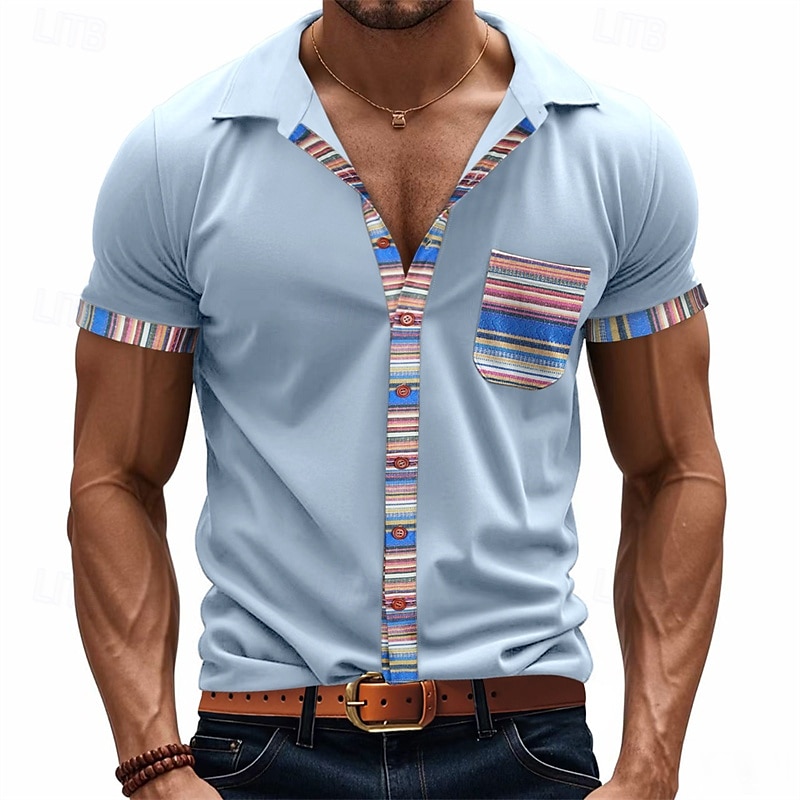 Per uomo Camicia Camicia Estiva Camicia casual Camicia da Spiaggia Camicia con Bottoni Nero Bianco Kaki Grigio chiaro Grigio scuro Manica Corta A righe Bavero Vacanza Camicia hawaiana Tasca del 2025 a $24.99 –P1