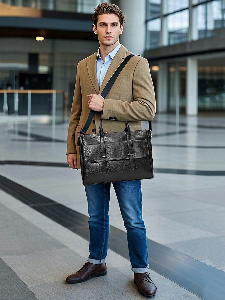 mäns portfölj i svart läder - stor affärsväska med övre handtag och laptopfack, professionell kontorsväska för arbete och möten 2025 - $46.99 –P1