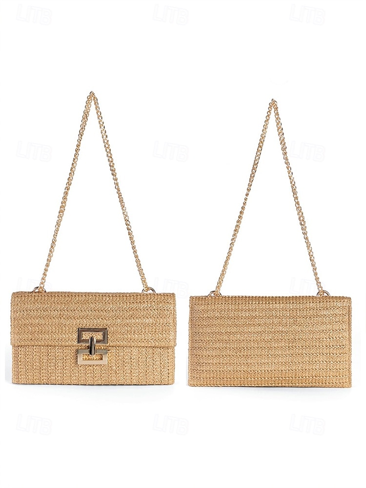 Damen-Umhängetasche aus gewebtem Stroh mit goldenem Kettenriemen – elegante Sommer-Clutch für Strand-, Urlaubs- und Resort-Outfits 2025 - $19.99 –P9