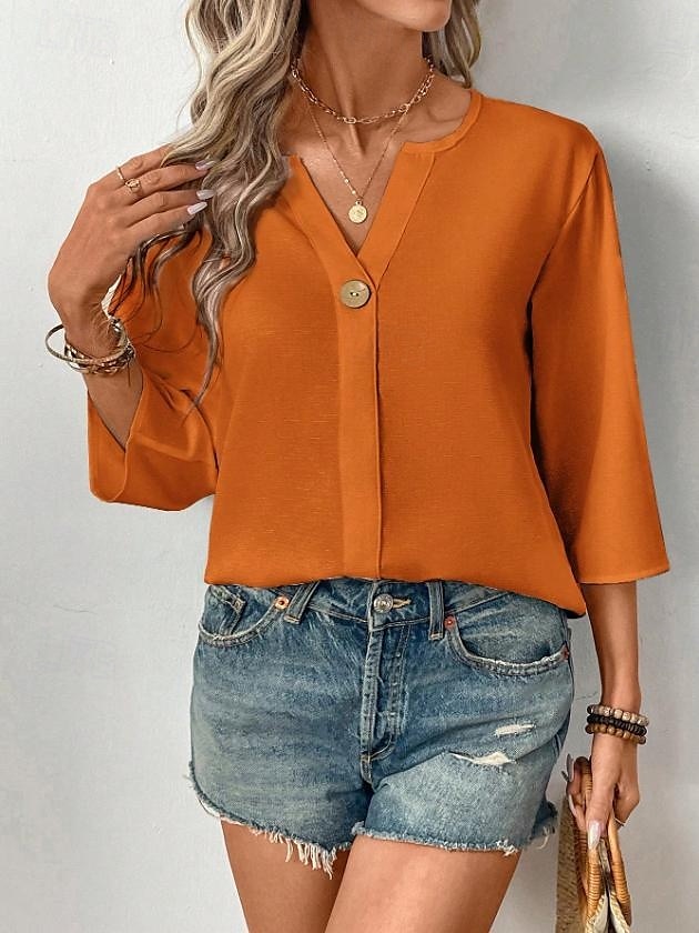 Dame Bluse Helfarge Stilfull Fritid 3/4 ermer V-hals Vanlige topper Daglig Ferie Knapper Svart Hvit Oransje Sommer Vår 2025 - $26.99 –P5