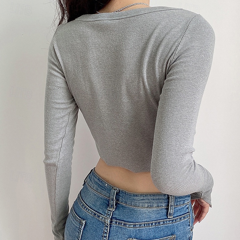 Damen Bluse Einfach Modern Langarm V Ausschnitt Crop Tops Täglich Ferien Ausgehen Knöpfe Schwarz Weiß Grau Sommer 2025 - $15.99 –P13