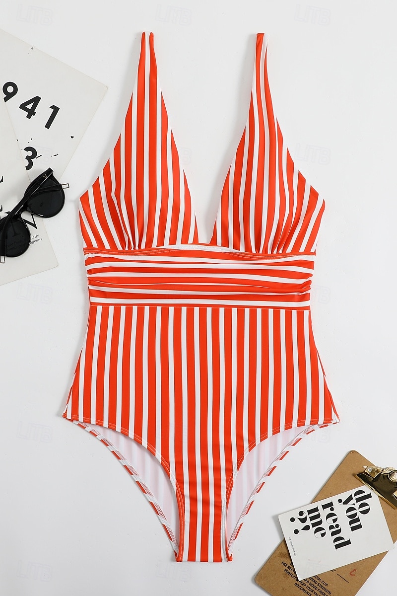 Femmes Maillots de Bain Une Pièce Maillot de bain Dos nu Tropical Tenues de plage Rayé Fil en V Sans manches Maillots de bain de 2025 ? $21.99 –P7