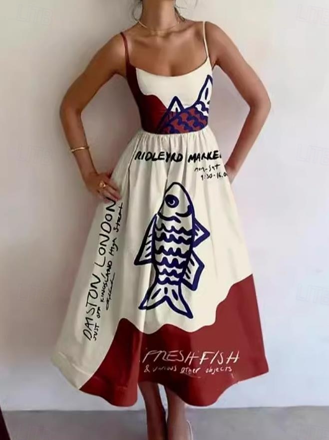 Damskie Sukienka midi Sukienka ołówkowa Urlop Codzienny Formalny Impreza Graficzny Zwierzę Rybki Bez rękawów Cienkie ramiączka Biały + czarny Niebiesko-biały Biały Czerwony Lato Wiosna 2025 - $29.99 –P1