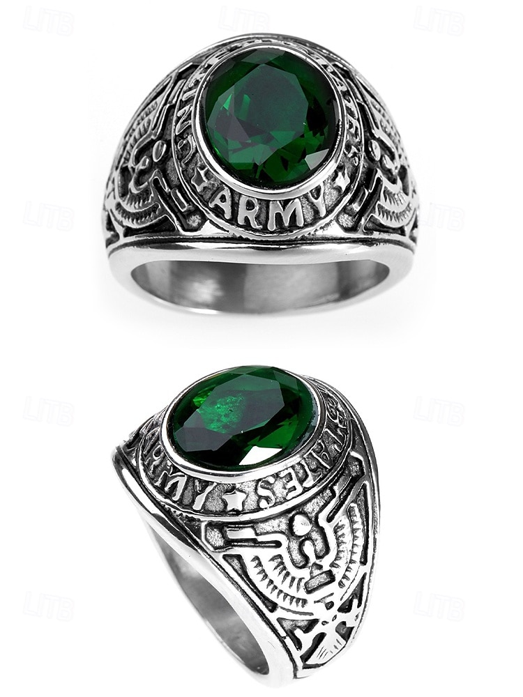 Men's Vintage Army Ring with Emerald Green Gemstone – Antique Silver Military Style Statement Ring for Veterans and Collectors 2025 - $11.99 –P7