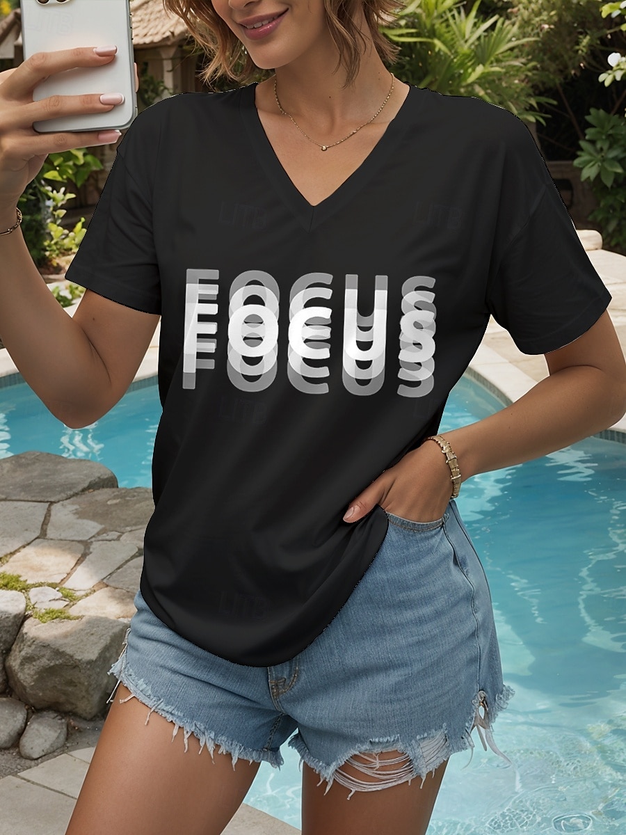 Femmes Chemisier Graphique Lettre ancien Élégant Classique Manche Courte Col en V Hauts Réguliers Quotidien Sortir Tenue de plage Imprimé Noir Blanche Été Printemps de 2025 ? $27.99 –P4