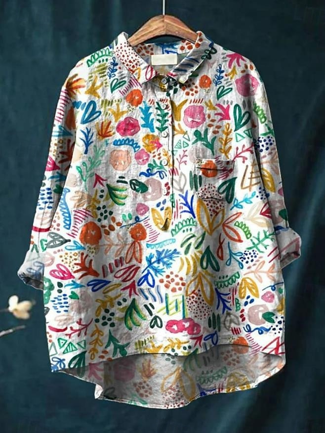 Dame Skjorte Helfarge Blomstret Bohem Daglig Stilfull Langermet Skjortekrage Vanlige topper Daglig Ferie Ut på byen Lapper Knapper Trykt mønster Hvit Gul Blå Oransje Grønn Sommer Vår 2025 - $25.99 –P3