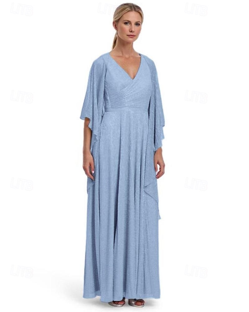 Metallic Lurex Chiffon A-Linie Mutter der Braut Kleid elegantes einfach minimalistisches V-Ausschnitt bodenlang halbärmel mit Rüschendetails 2025 - $163.99 –P6