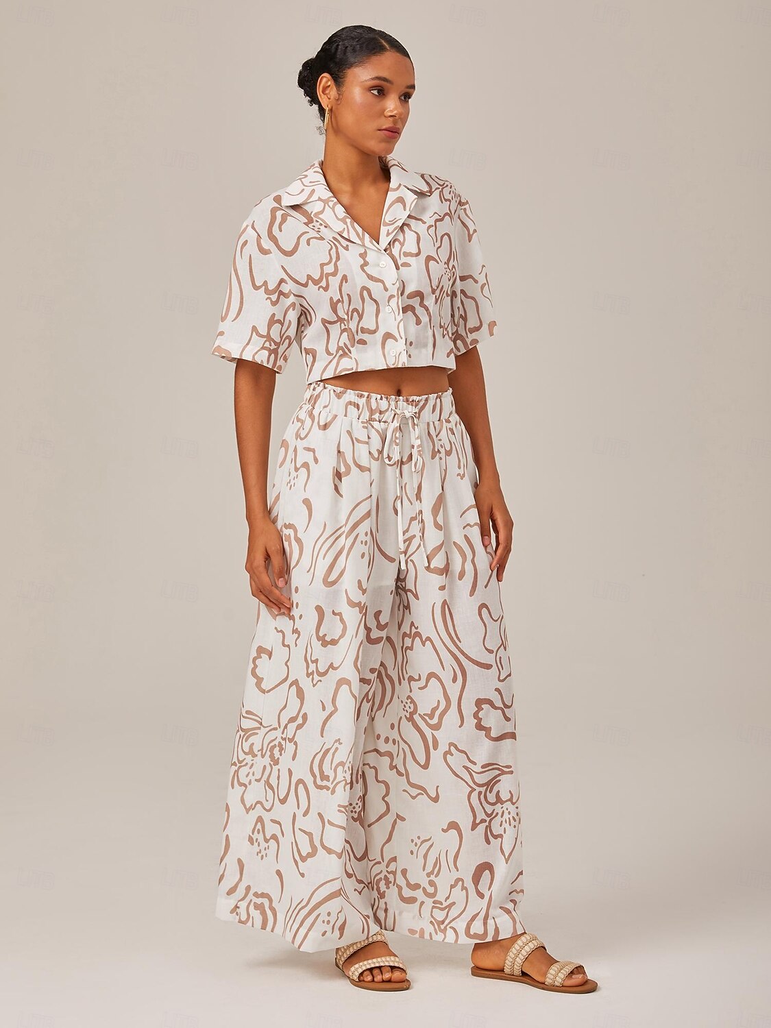 Artistic Print Elastic Tie Waist & Linen-Like Fabric Wide-Leg Pants 2025 - $69.99 –P1