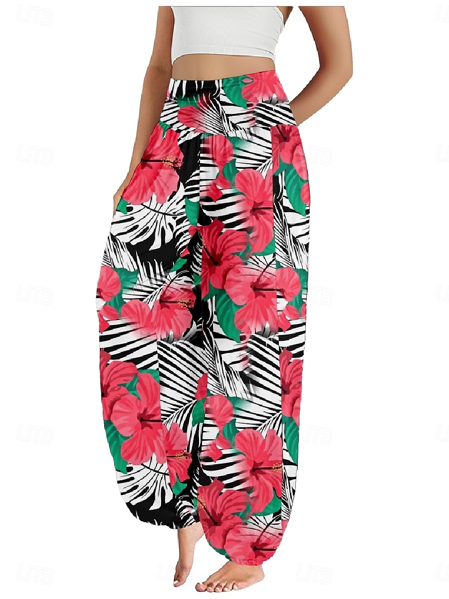 Per donna Pantaloni ispirati al lino Gamba larga Pantaloni Stile Etnico Casual Boho Lunghezza intera Vita Alta Floreale Foglia Tropicale Tasca Elastico in vita Stampa Traspirabilità Morbido del 2025 a $21.99 –P10