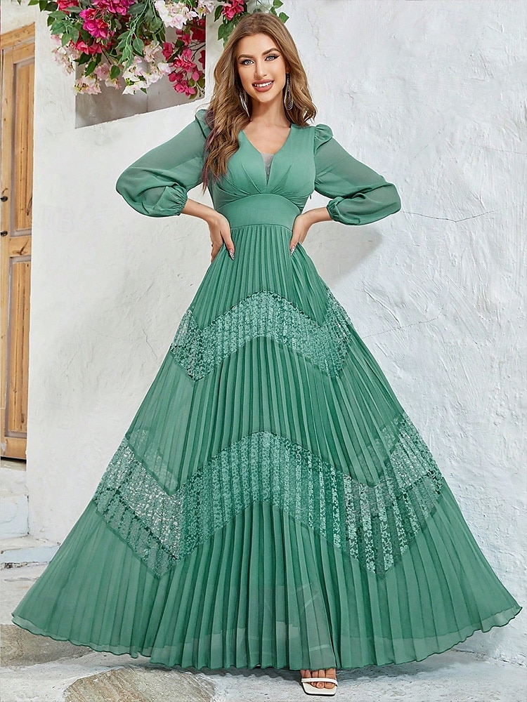 Kleid Mutter der Braut Kleid Elegant V-Ausschnitt Bodenlang Chiffon Langarm in einfarbig 2025 - $89.99 –P2