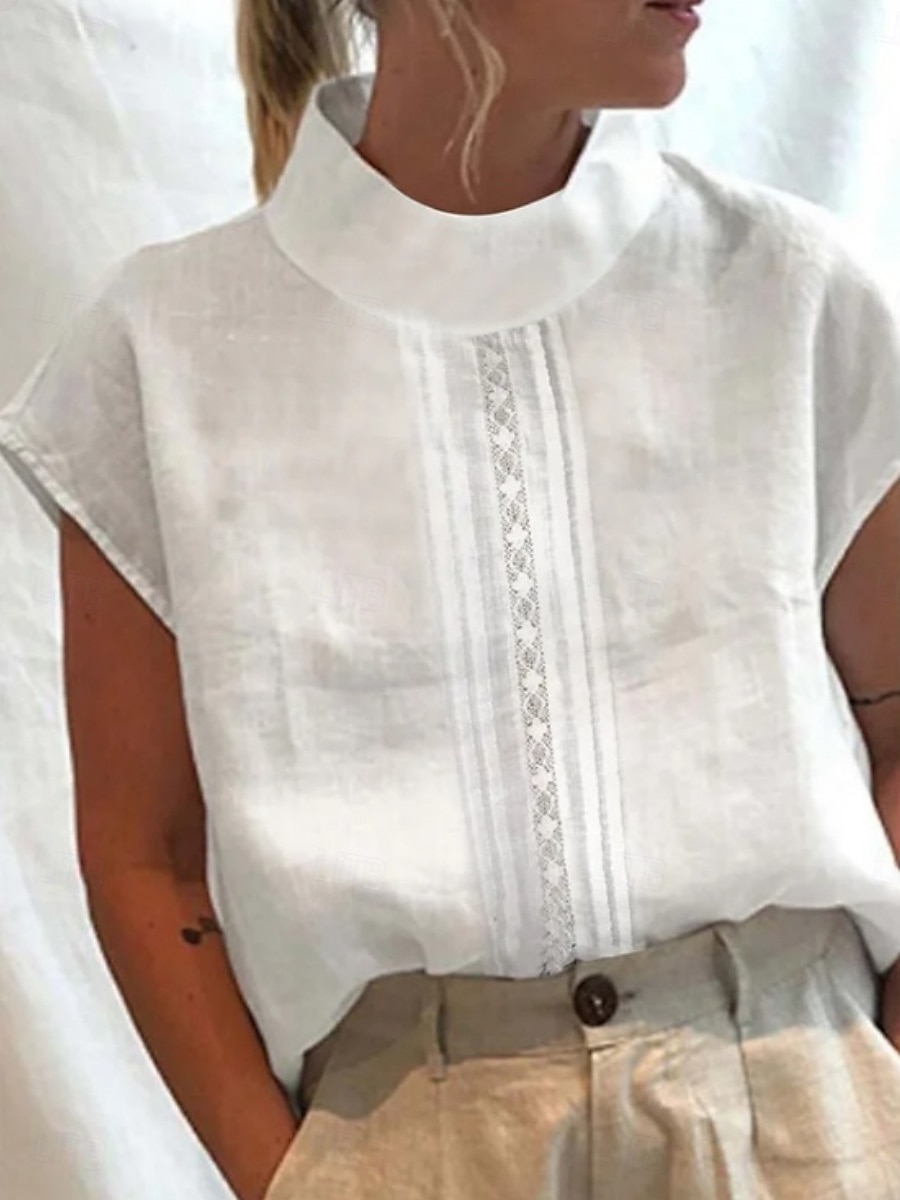 Blusa Donna Cotone Lino Monocromatica Basic Casual Manica Corta Alta Collo Top Quotidiani Patchwork Bianco Grigio Estate Primavera del 2025 a $23.99 –P1
