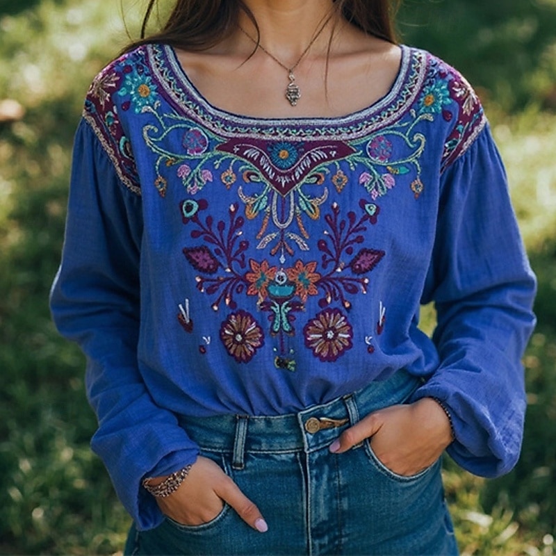 Women's Cotton Linen Shirts Boho Shirt Plain Flower Daily Stylish Basic Long Sleeve Crew Neck Regular Tops Work Daily Holiday Print Blue Purple Orange Light Blue Spring Fall 2025 - $29.99 –P3