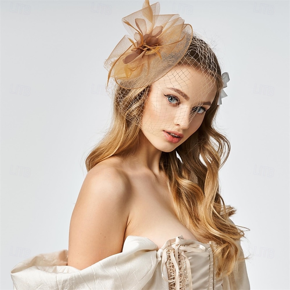 Cappelli fascinator per donna, nastri di maglia a fiori, piume su una fascia e una clip, copricapo da festa da tè per donna del 2025 a $35.99 –P4