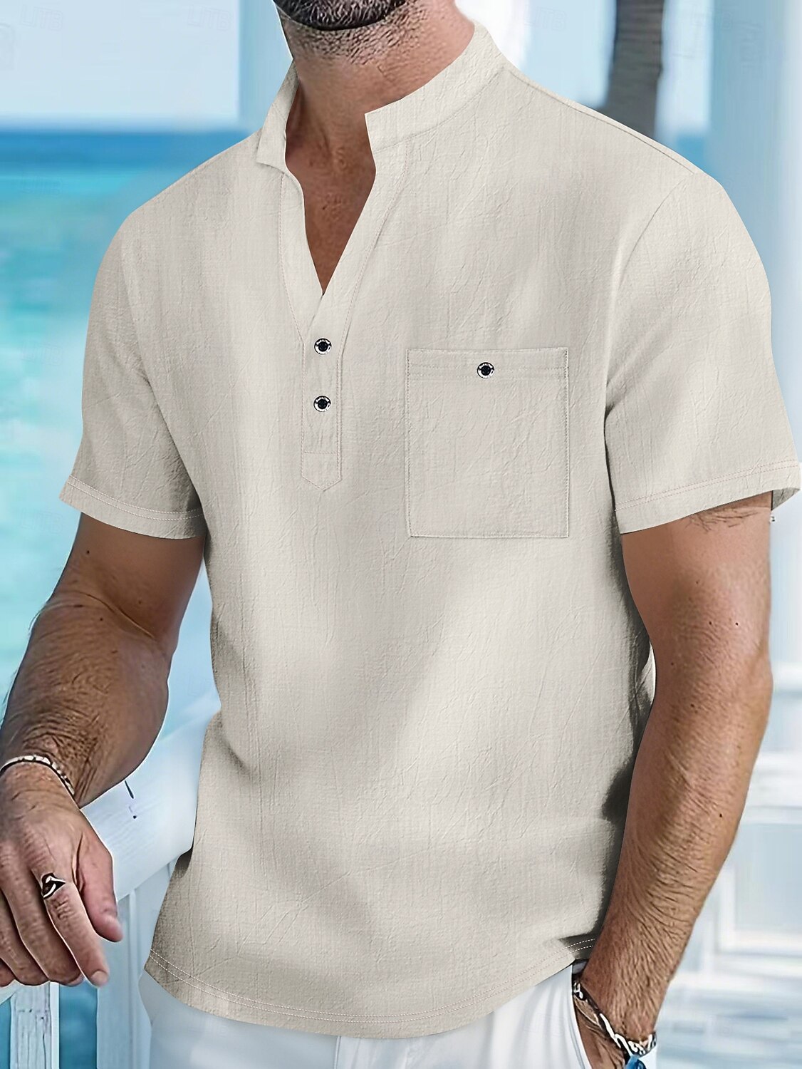 Homme Chemise en lin Chemise popover Chemise Décontractée Chemise Boutonnée Uni Vacances Rue Blanche Jaune Rose dragée Abricot Manche Courte Band Collar Printemps & Été Vêtement Tenue Avec Poches de 2025 ? $21.99 –P8