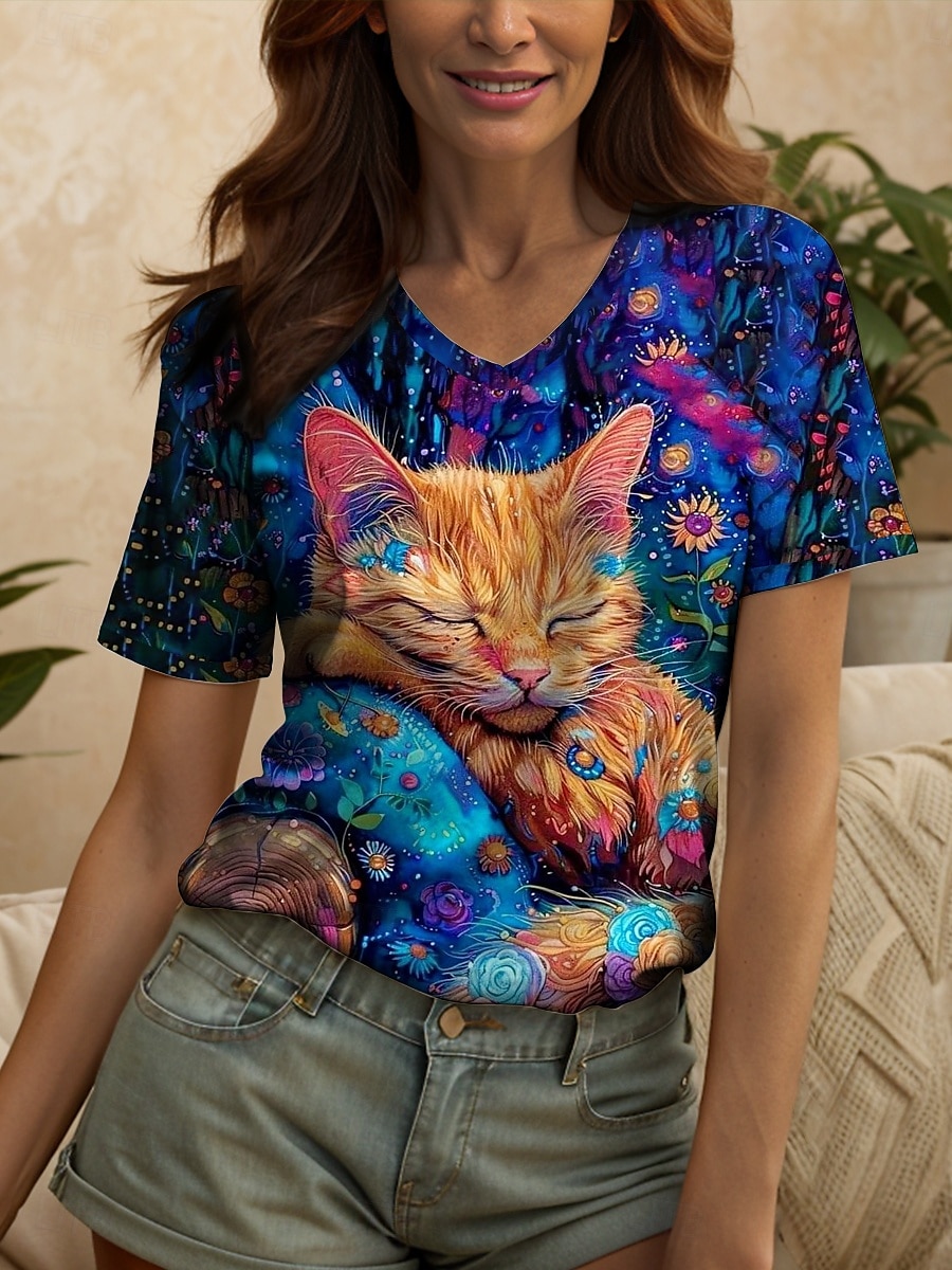 Femmes T-shirt Fleuri Graphique Animal ancien Élégant Classique Manche Courte Col en V Hauts Réguliers Quotidien Imprimé Arc-en-ciel Été Printemps de 2025 ? $19.99 –P1