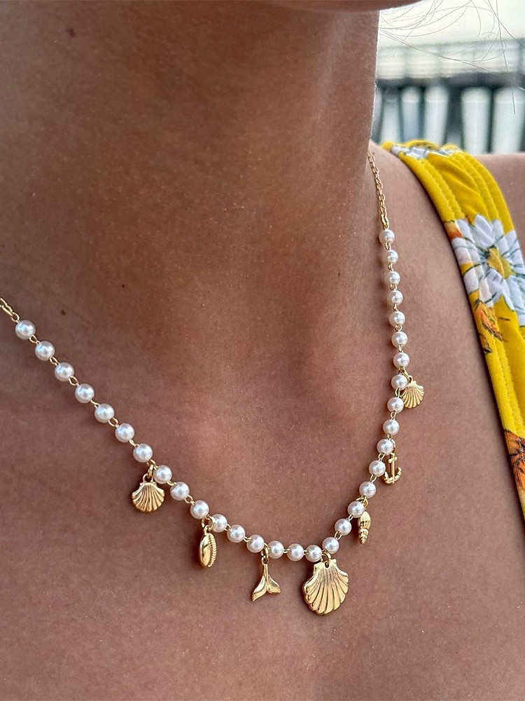 Women's Pearl Beaded Necklace with Gold Sea Charms – Nautical Beach Jewelry for Summer Vacation and Resort Wear 2025 - $9.99 –P2