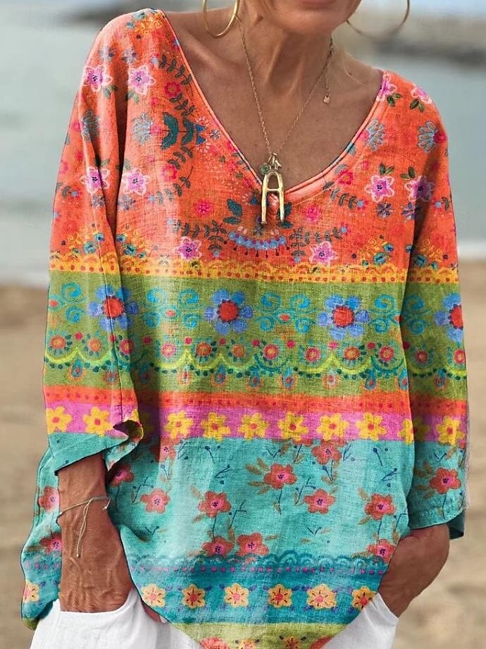 Dame Bluse Blomstret Grafisk Geometrisk Stilfull Fritid Langermet 3/4 ermer V-hals Vanlige topper Daglig Blå Lilla Oransje Grønn Sommer Vår 2025 - $24.99 –P1