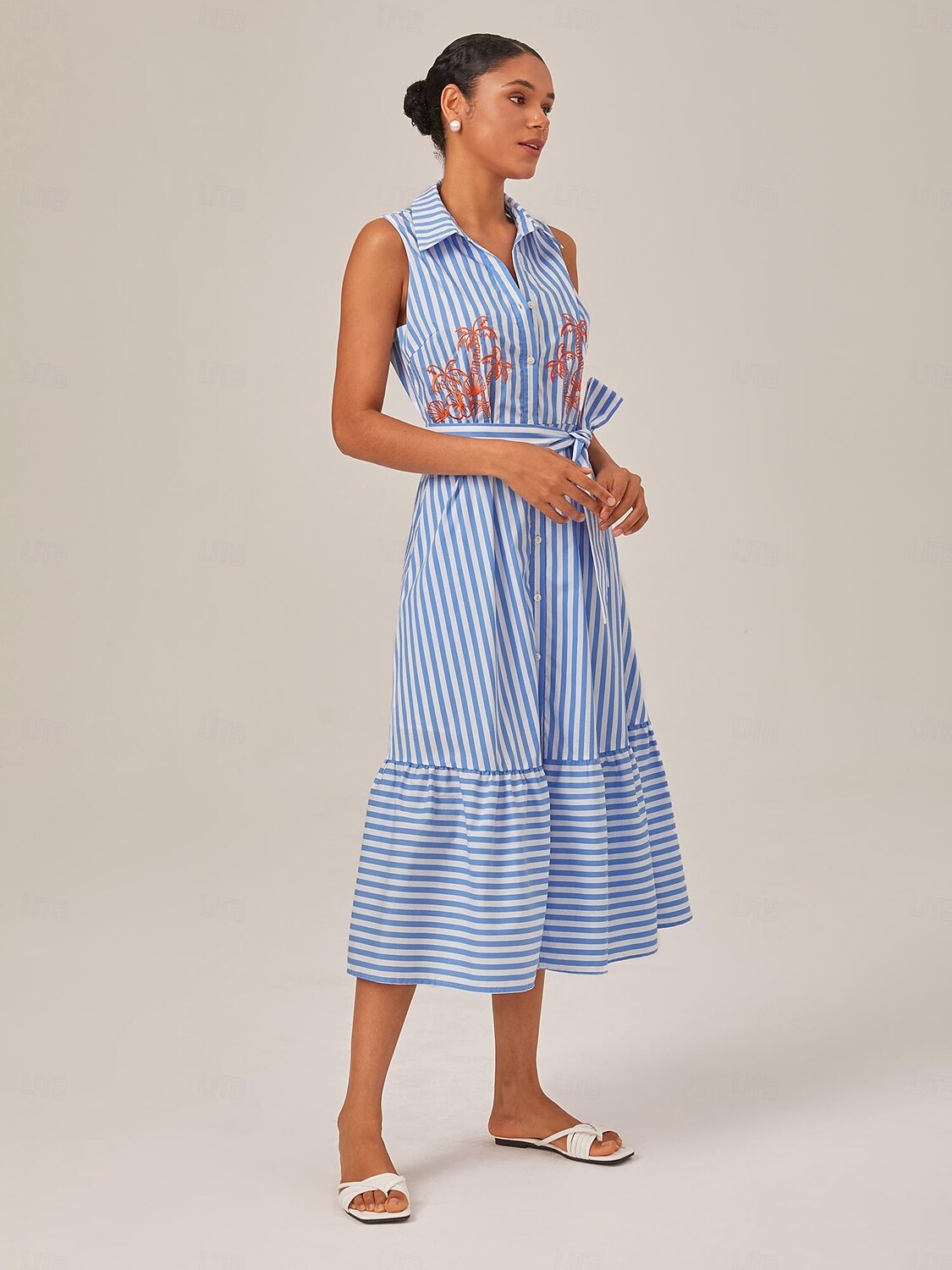 Sommerliches, gestreiftes, besticktes, ärmelloses, mittellanges Kleid 2025 - $74.99 –P3