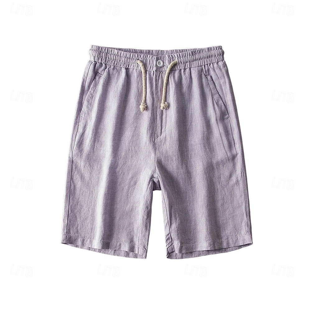 herrshorts i 100 % linne enfärgad knälång utomhus casual daglig semester etnisk stil denim blå ljus khaki oelastisk 2025 - $41.99 –P2