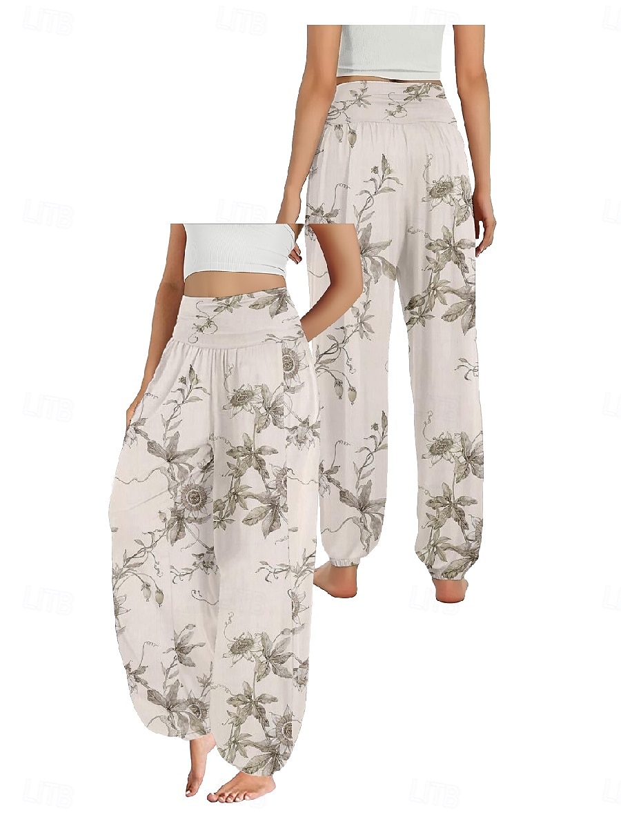 Dam Linneinspirerade byxor Brett skaft Byxor Etnisk Stil Ledigt Boho Fullängd Hög midja Blommig Ficka Elastisk midja Tryck Mateial som andas Mjuk Microelastisk Utomhus Yoga Vit Gul Rosa Purpur Sommar 2025 - $21.99 –P6