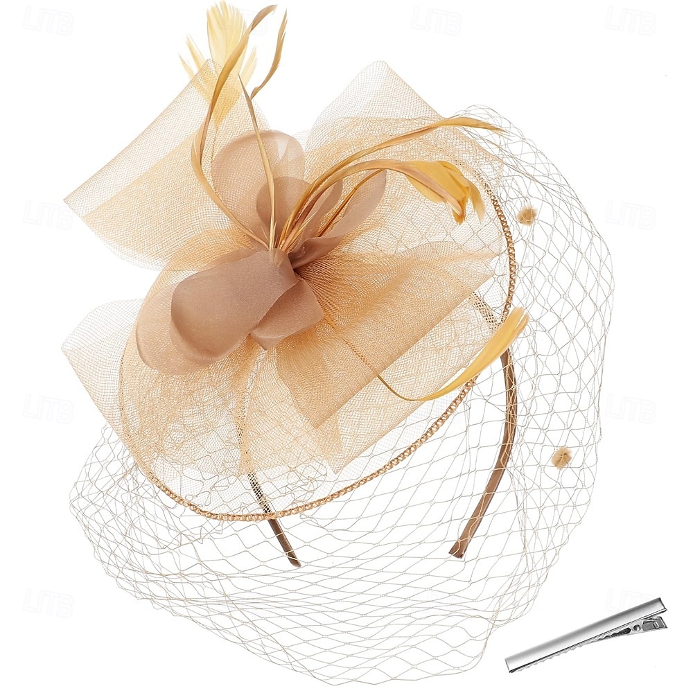 Cappelli fascinator per donna, nastri di maglia a fiori, piume su una fascia e una clip, copricapo da festa da tè per donna del 2025 a $35.99 –P2