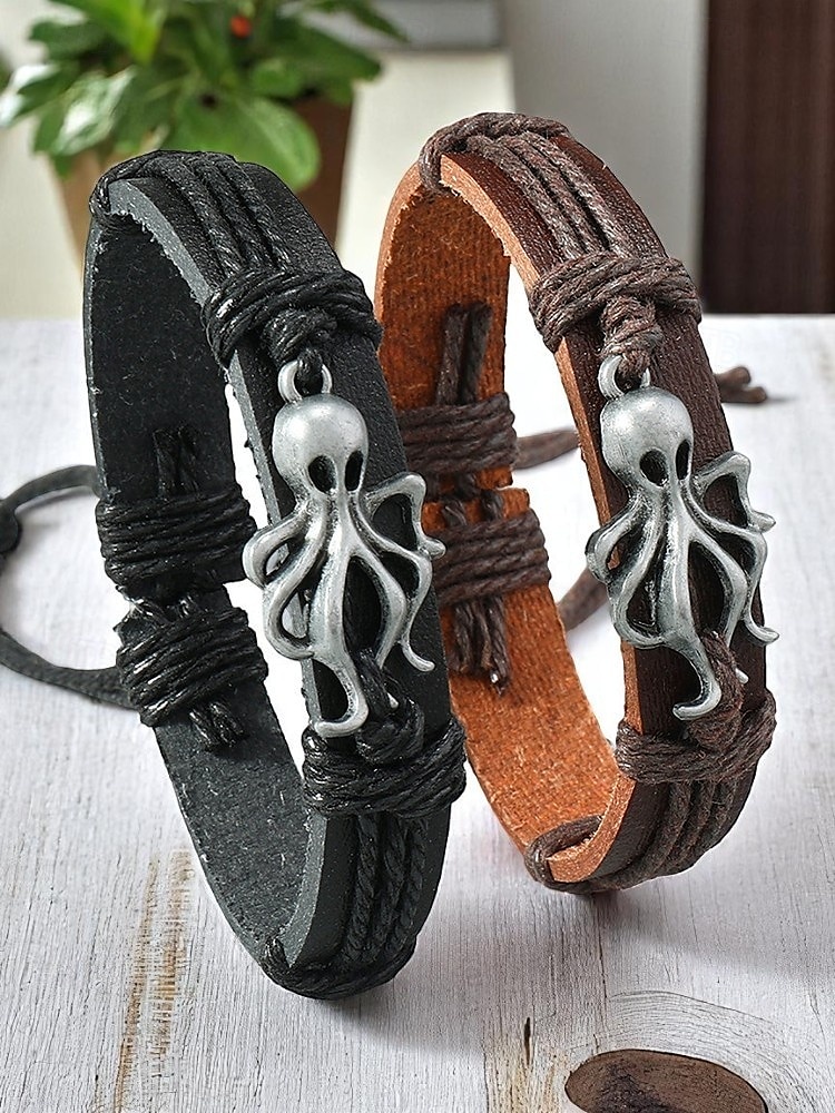 Herren-Lederarmband mit Oktopus-Charm – verstellbares Armband aus nautischem Seil für Surfer, Rockfans und lässige Outfits 2025 - $7.99 –P1
