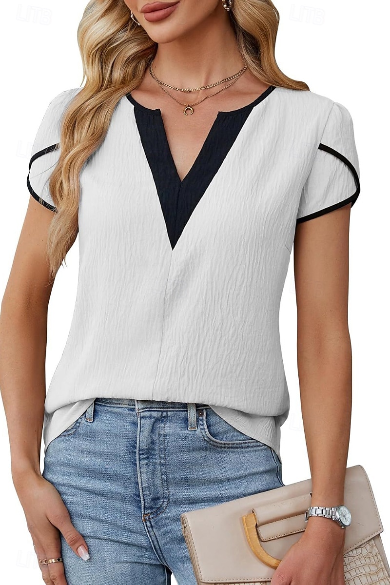 Femmes Chemisier Bloc de Couleur Moderne Occasionnel Manche Courte Col en V Hauts Réguliers Fête Sortir Patchwork Noir Blanche Vert Abricot Été de 2025 ? $21.99 –P1