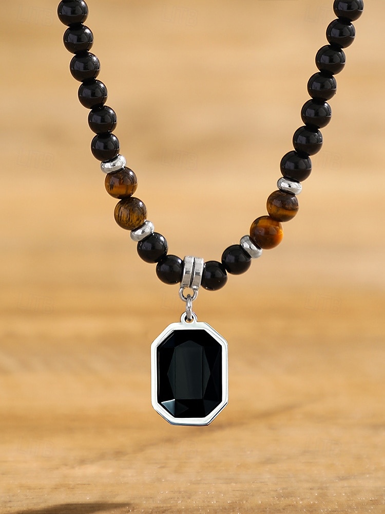 Men's Black Onyx Beaded Necklace with Tiger Eye Accents and Silver Pendant – Stylish Gift for Casual and Formal Occasions 2025 - $9.99 –P4